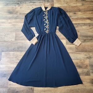 Vintage 80's Casadei Navy Blue Chiffon Sheer Gold Leaf Detail Dress Size S